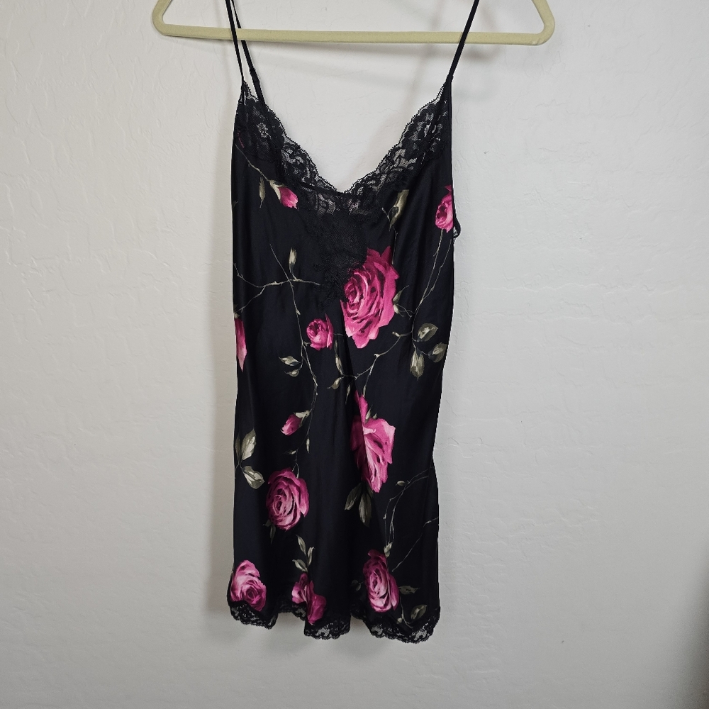 Y2K Victoria's Secret 2002 Black Silk Chemise Mini Slip Dress Pink Floral XS